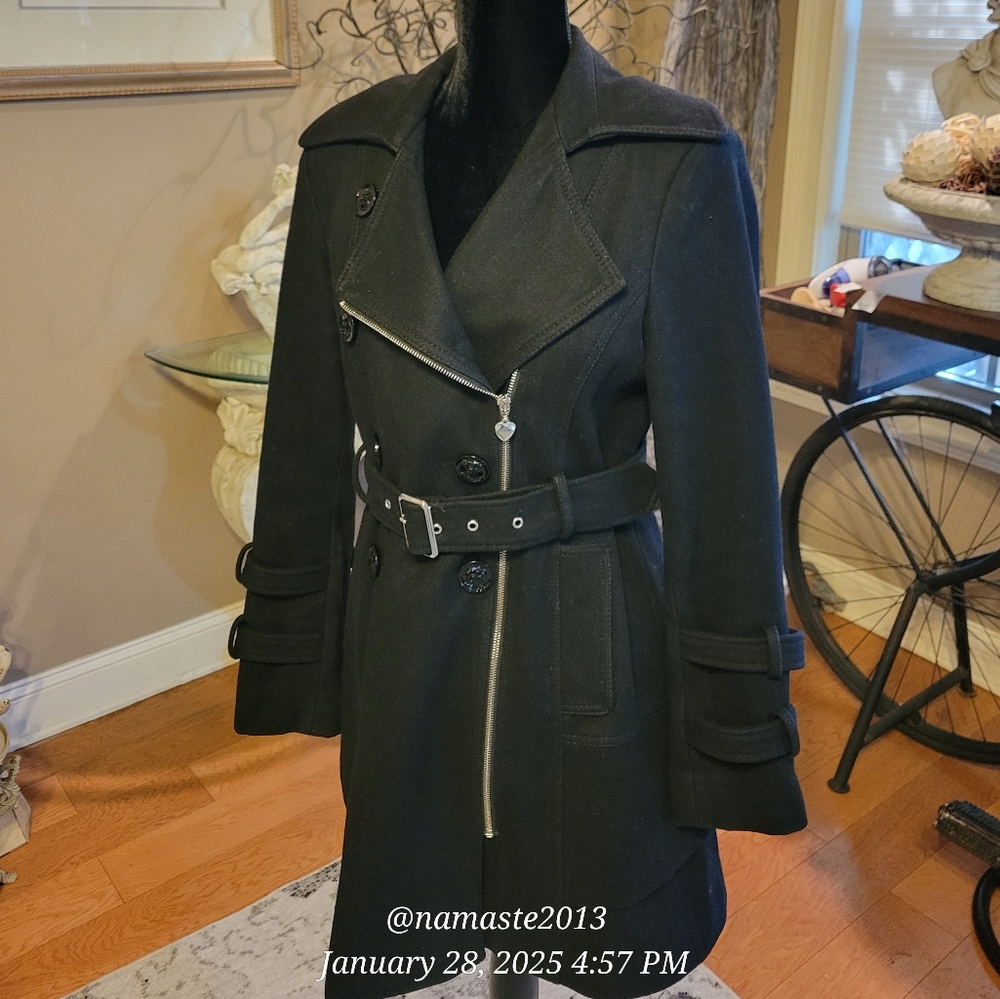Guess Wool Blend Pea Coat Military Style Belted Cuff Asymmetrical Designer #82